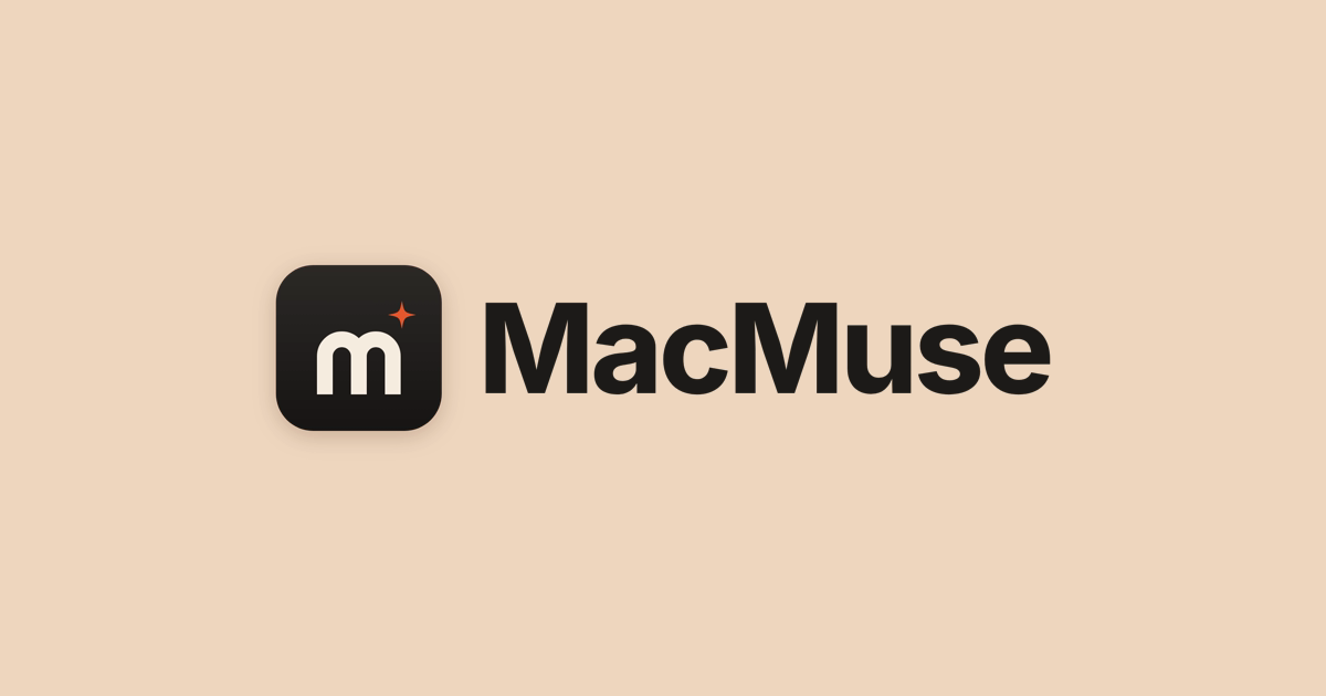 The MacMuse logo, a lowercase m drawn as two arched windows with an orange spark, on a sand-coloured background